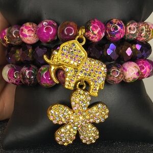 Vibrant Pink and Gold Elephant Charm Bracelet